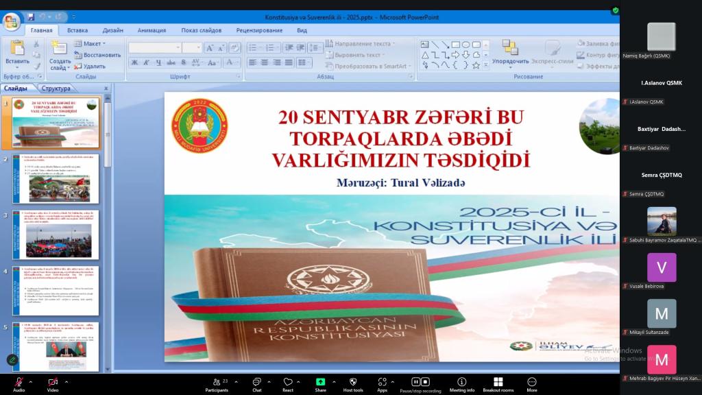 Quba şəhərində “Soyqırımı Memorial Kompleksi”nin və Nardaran Tarix-mədəniyyət Qoruğunun təşkilatçılığı ilə 2025-ci il Konstitusiya və Suverenlik ili çərçivəsində “20 sentyabr zəfəri bu torpaqlarda əbədi varlığımızın təsdiqidir” adlı vebinar keçirilib.